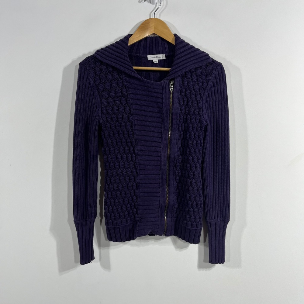 Calvin Klein Y2K Granola Indie Asymmetrical Zip Ribbed Cardigan Sweater Small